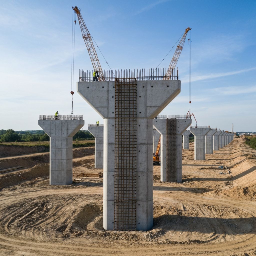 Construção de ponte com pilares de concreto